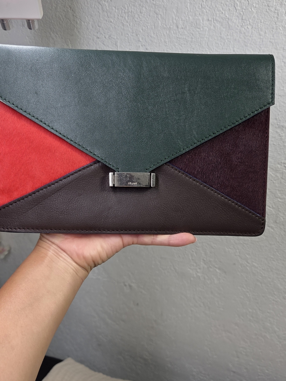 CÉLINE Paris Tricolor Leather & Pony Hair Diamond Envelope Clutch Bag